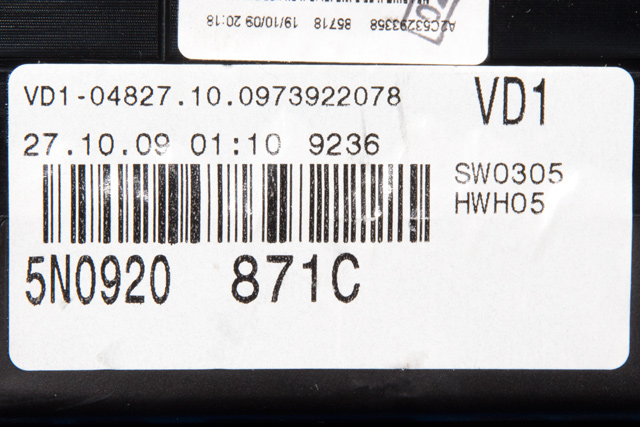 Instrumentpanel til VW Tiguan 2007-2011 (Type I, Fase 1)  (VDO|A2C53372509|5N0 920 871 C|)