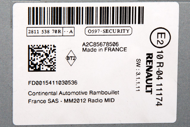 Bilstereo diverse til Renault Zoe 2013-2019 (Fase 1)  (RENAULT|2811 53870R|)