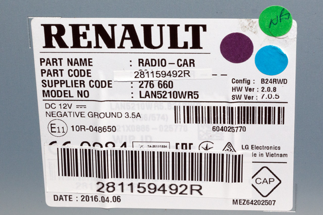 Bilstereo navigasjon til Renault Clio 2016-2019 (Type IV, Fase 2)  (RENAULT|2811 59492R|)
