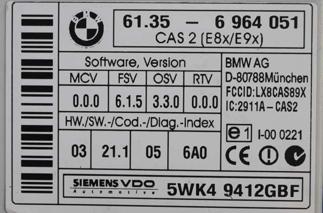 Styreenhet diverse til BMW 1-Serie 2004-2011 (E81/E82/E87/E88) (E81/E82/E87/E88) (SIEMENS|5WK4 9412|61.35-6 964 051|)