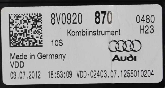 Instrumentpanel til Audi A3 2012-2016 (Type III, Fase 1)  (VDO|A2C53440858|8V0 920 870|)