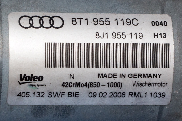 Viskermotor frontrute komplett m/overføring til Audi A5 2007-2016 (Type I) (VAG|8T1 955 119 C|)