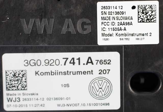 Instrumentpanel til VW Passat 2015-2019 (Fase 1) (B8) (B8) (VAG|3G0 920 741 A|)
