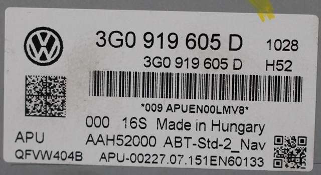 Bilstereo navigasjon betjeningspanel til VW Passat 2015-2019 (Fase 1) (B8) (B8) (VAG|3G0 919 605 D|)