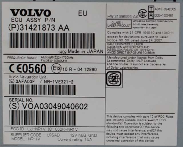 Bilstereo navigasjon spiller til Volvo V60/V60 CC 2013-2018 (Type I, Fase 2)  (VOLVO|31421873|)