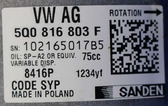 Aircondition kompressor til VW Golf VII 2017-2020 (Fase 2) (SANDEN|8416P|5Q0 816 803 F|)
