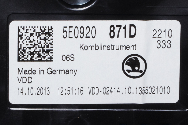 Instrumentpanel til Škoda Octavia 2013-2016 (Type III, Fase 1)  (VAG|5E0 920 871 D|)