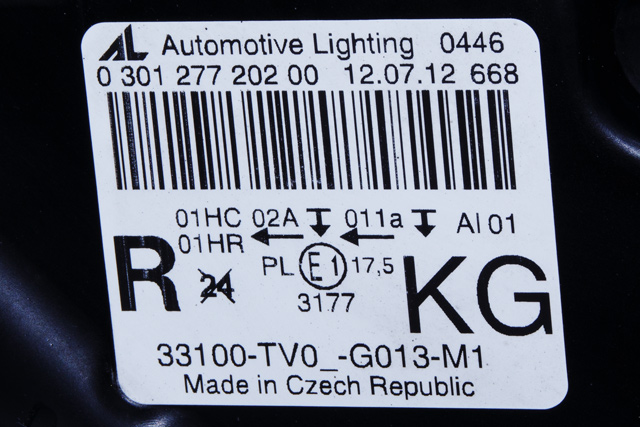 Frontlykt høyre halogen til Honda Civic 2012-2015 (Type IX, Fase 1) (AUTOMOTIVE|0 301 277 202|33100-TV0-G013-M1|)