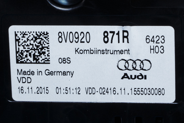 Instrumentpanel til Audi A3 2012-2016 (Type III, Fase 1)  (VDO|A2C94971900|8V0 920 871 R|)