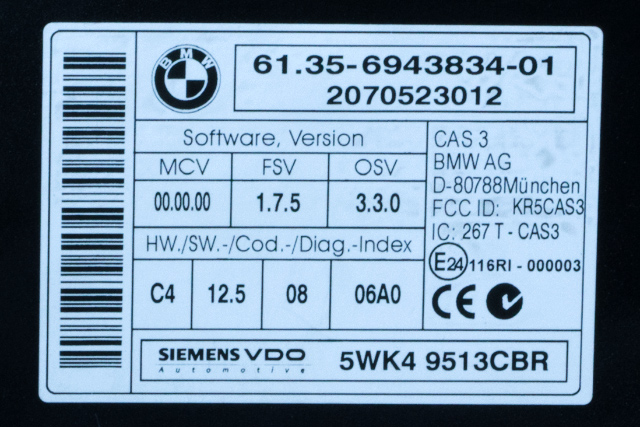 Styreenhet diverse til BMW 1-Serie 2004-2011 (E81/E82/E87/E88) (E81/E82/E87/E88) (SIEMENS|5WK4 9513|61.35-6 943 834|)