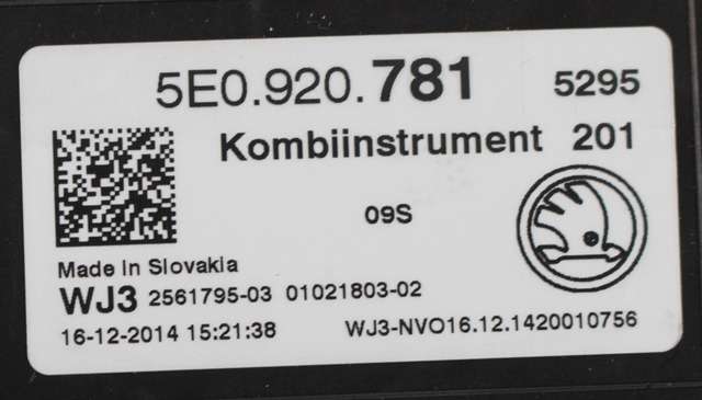 Instrumentpanel til Škoda Octavia 2013-2016 (Type III, Fase 1)  (VAG|5E0 920 781|)