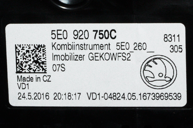 Instrumentpanel til Škoda Octavia 2013-2016 (Type III, Fase 1)  (VAG|5E0 920 750 C|)