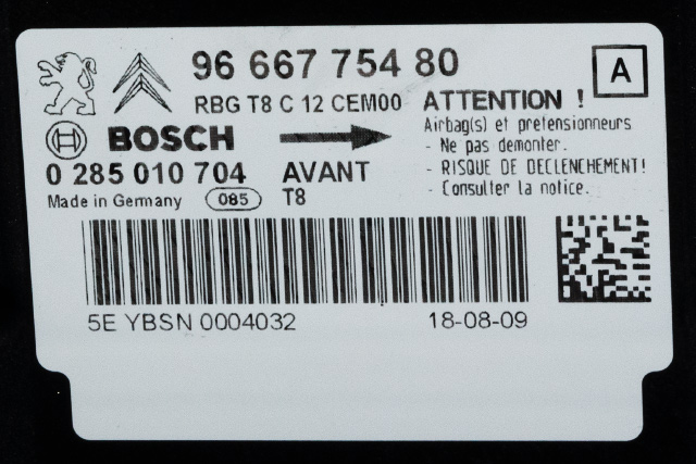 Styreenhet airbag hovedsensor til Peugeot 3008 2009-2016 (Type I)  (BOSCH|0 285 010 704|96 667754 80|)
