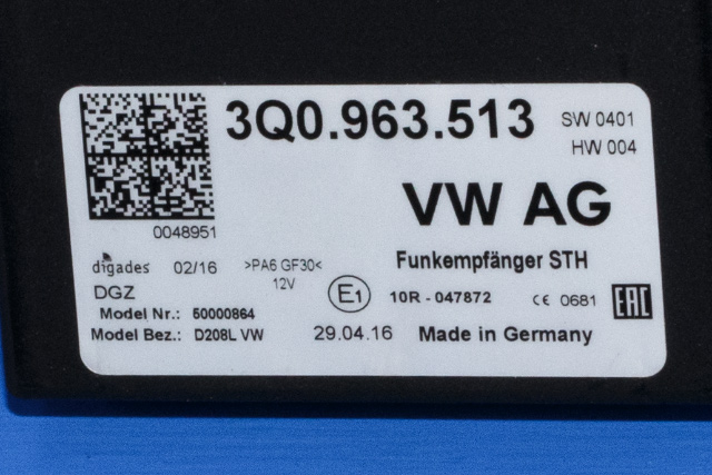 Varmeapparat diverse til Škoda Octavia 2013-2016 (Type III, Fase 1) (VAG|3Q0 963 513|)