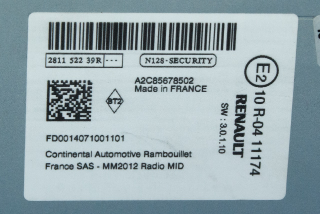 Bilstereo diverse til Renault Zoe 2013-2019 (Fase 1)  (RENAULT|2811 52239R|)