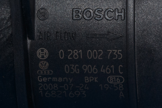 Luftmengde/luftmassemåler til Audi A3 2009-2012 (Type II, Fase 2)  (BOSCH|0 281 002 735|03G 906 461 C|)