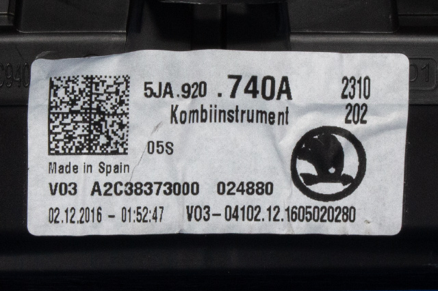 Instrumentpanel til Škoda Rapid 2012-2019  (VAG|5JA 920 740 A|)