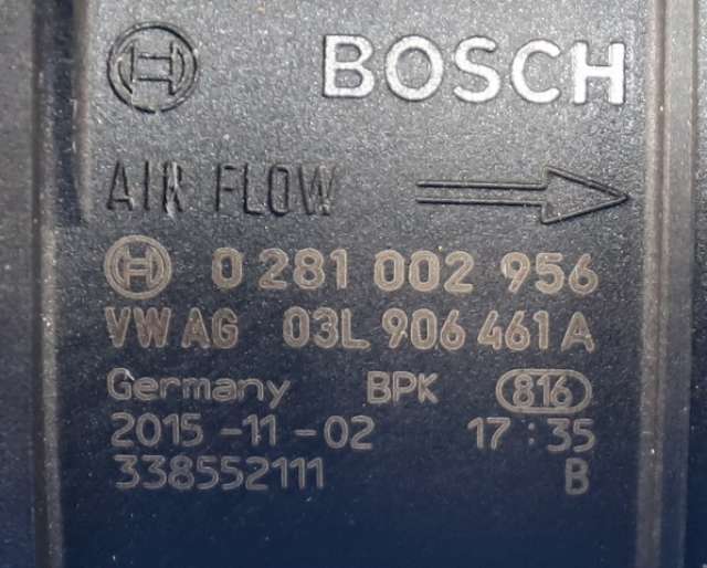 Luftmengde/luftmassemåler til VW Passat 2015-2019 (Fase 1) (B8) (B8) (BOSCH|0 281 002 956|03L 906 461 A|)