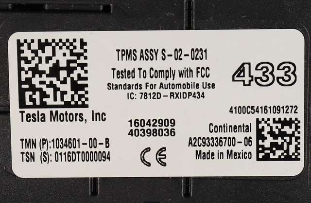 Sensor dekktrykk til Tesla Model S 2013-2016 (Fase 1)  (TESLA|1034601-00-B|)