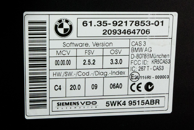 Styreenhet diverse til BMW 3-Serie 2005-2011 (E90/E91/E92/E93) (E90/E91/E92/E93) (SIEMENS|5WK4 9515|61.35-9 217 853|)