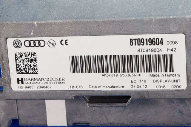 Bilstereo navigasjon skjerm til Audi A4 2007-2014 (Type IV) (B8) (B8) (VAG|8T0 919 604|)