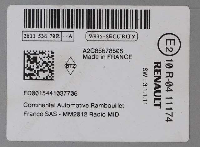 Bilstereo diverse til Renault Zoe 2013-2019 (Fase 1) (RENAULT|2811 53870R|)
