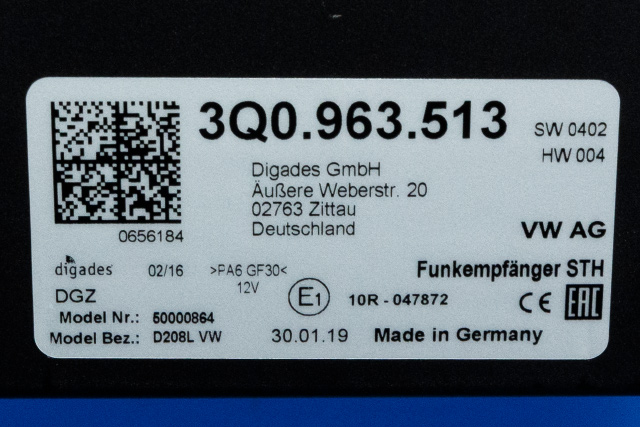 Varmeapparat diverse til Škoda Octavia 2017-2020 (Type III, Fase 2)  (VAG|3Q0 963 513|)