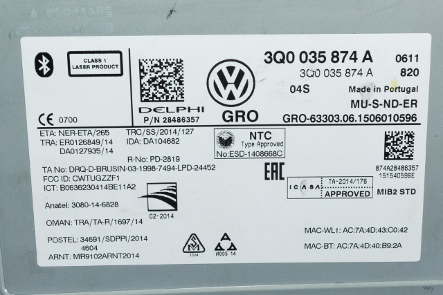 Bilstereo til VW Passat 2015-2019 (Fase 1) (B8) (B8) (VAG|3Q0 035 874 A|)