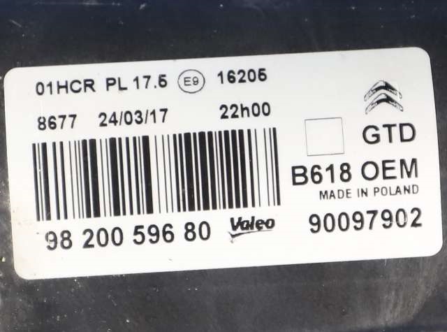 Frontlykt venstre halogen til Citroën C3 2016-->> (Type III) (CITROEN|98 200596 80|)