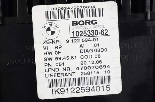 Instrumentpanel til BMW 3-Serie 2005-2011 (E90/E91/E92/E93) (E90/E91/E92/E93) (BORG|1025330-62|9 122 594|)