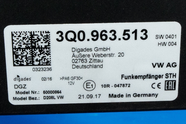 Varmeapparat diverse til Škoda Superb 2015-->> (Type III) (VAG|3Q0 963 513|)