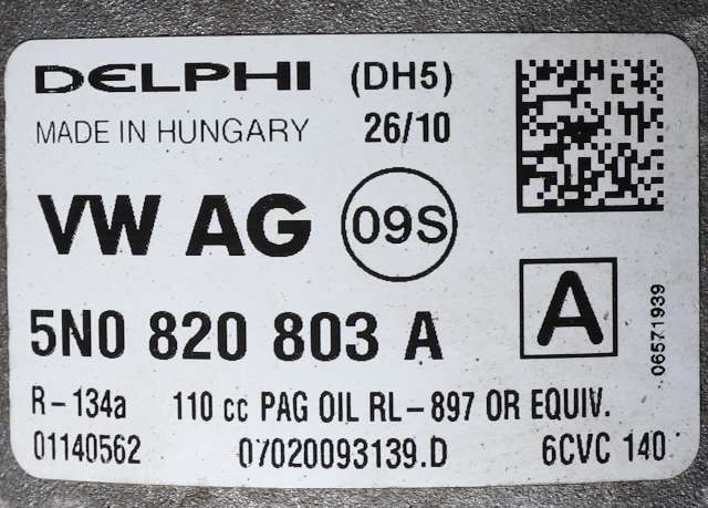Aircondition kompressor til VW Polo 2009-2014 (Type V, Fase 1)  (DELPHI|07020093139.D|5N0 820 803 A|)