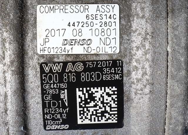 Aircondition kompressor til VW Polo 2017-2021 (Type VI, Fase 1)  (DENSO|447250-2801|5Q0 816 803 D|)