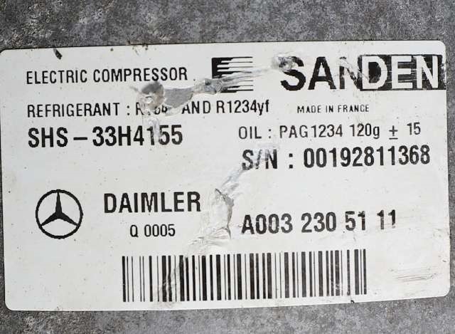 Aircondition kompressor elbil til Smart Fortwo 2007-2014 (Type II) (W451) (W451) (SANDEN|SHS-33H4155|A 003 230 51 11|)
