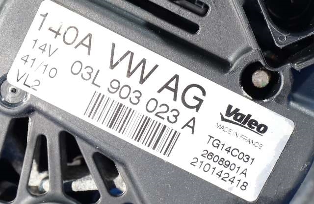 Dynamo diesel til VW Touran 2010-2015 (Type I, Fase 3) (VALEO|TG14C031|03L 903 023 A. 14 VOLT - 140 AMP|)