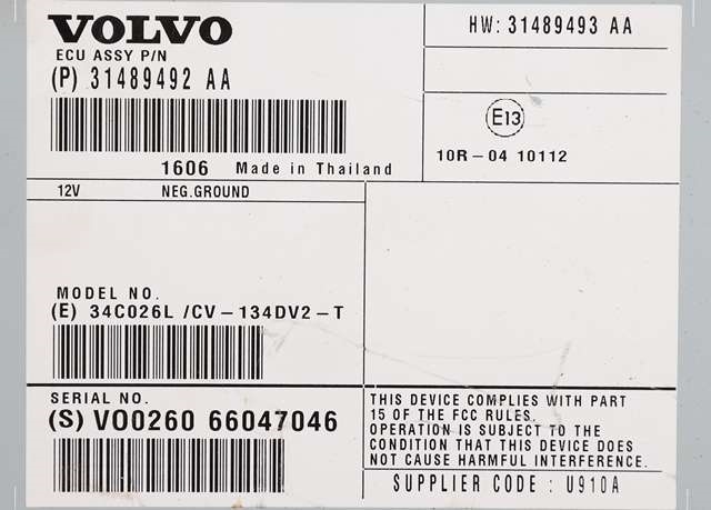 Bilstereo forsterker til Volvo XC60 2014-2017 (Type I, Fase 2) (VOLVO|31489492 AA|)