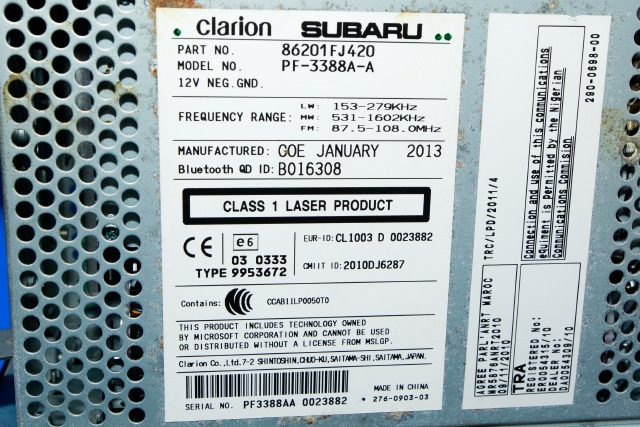 Bilstereo til Subaru Impreza 2013-2017 (Type IV)  (CLARION|PF-3388A-A|86201-FJ420|)