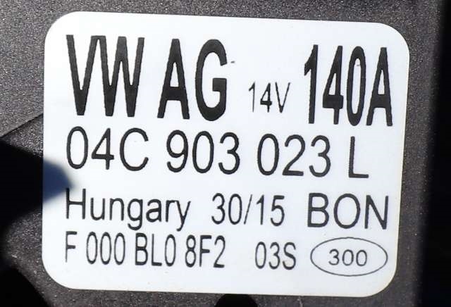 Dynamo til VW Polo 2014-2017 (Type V, Fase 2) (BOSCH|F 000 BL0 8F2|04C 903 023 L. 14 VOLT - 140 AMP|)