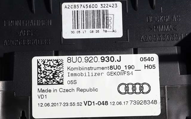 Instrumentpanel til Audi Q3 2015-2018 (Type I, Fase 2)  (VDO|A2C99840400|8U0 920 930 J|)