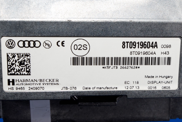 Bilstereo navigasjon skjerm til Audi A4 2007-2014 (Type IV) (B8) (B8) (VAG|8T0 919 604 A|)