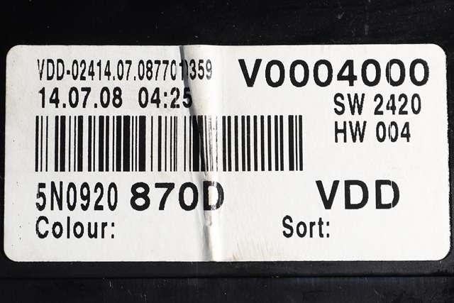 Instrumentpanel til VW Tiguan 2007-2011 (Type I, Fase 1) (VDO|110.080.360/008|5N0 920 870 D|)