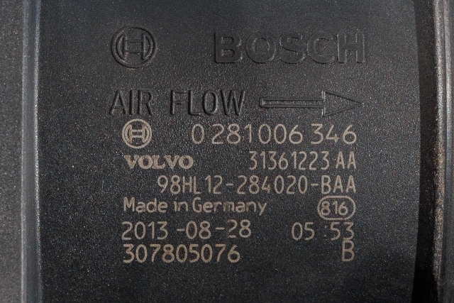 Luftmengde/luftmassemåler til Volvo V70 2014-2016 (Type III, Fase 2)  (BOSCH|0 281 006 346|31361223 AA|)