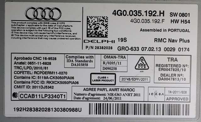 Bilstereo til Audi A6 2011-2014 (Type IV, Fase 1) (C7) (C7) (VAG|4G0 035 192 H|)