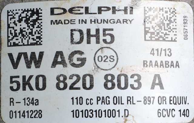 Aircondition kompressor til VW Caddy 2010-2015 (Type III, Fase 2)  (DELPHI|10103101001.D|5K0 820 803 A|)