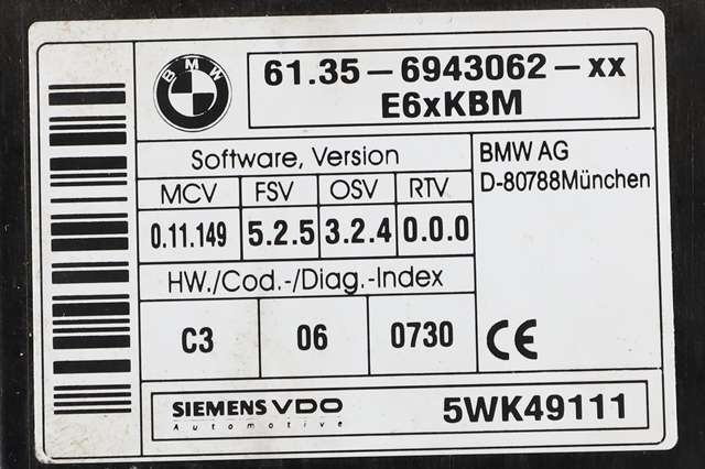 Styreenhet comfort (BCM) til BMW 5-Serie 2003-2010 (E60/E61) (E60/E61) (SIEMENS|5WK4 9111|61.35-6 943 062|)