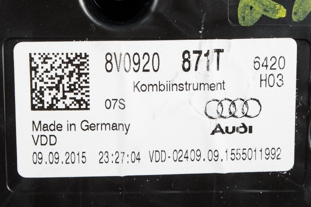 Instrumentpanel til Audi A3 2012-2016 (Type III, Fase 1) (VDO|A2C94972600|8V0 920 871 T|)