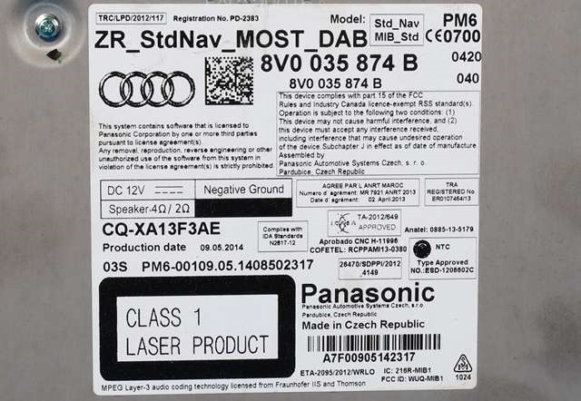 Bilstereo til Audi A3 2012-2016 (Type III, Fase 1)  (VAG|8V0 035 874 B|)