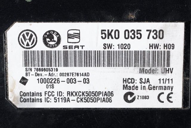 Styreenhet bluetooth til Škoda Superb 2008-2015 (Type II)  (VAG|5K0 035 730|)