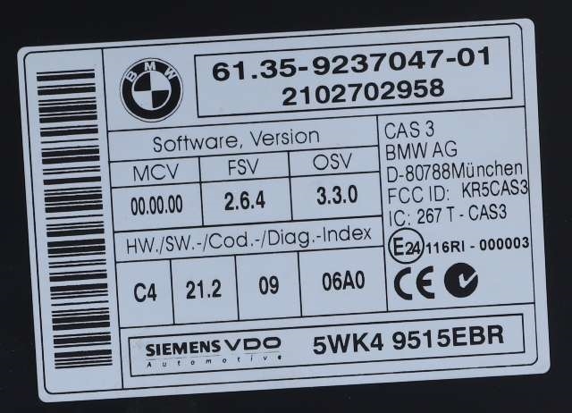 Styreenhet diverse til BMW 3-Serie 2005-2011 (E90/E91/E92/E93) (E90/E91/E92/E93) (SIEMENS|5WK4 9515|61.35-9 237 047|)