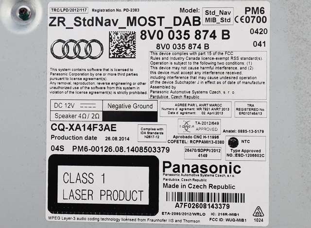 Bilstereo til Audi A3 2012-2016 (Type III, Fase 1)  (VAG|8V0 035 874 B|)